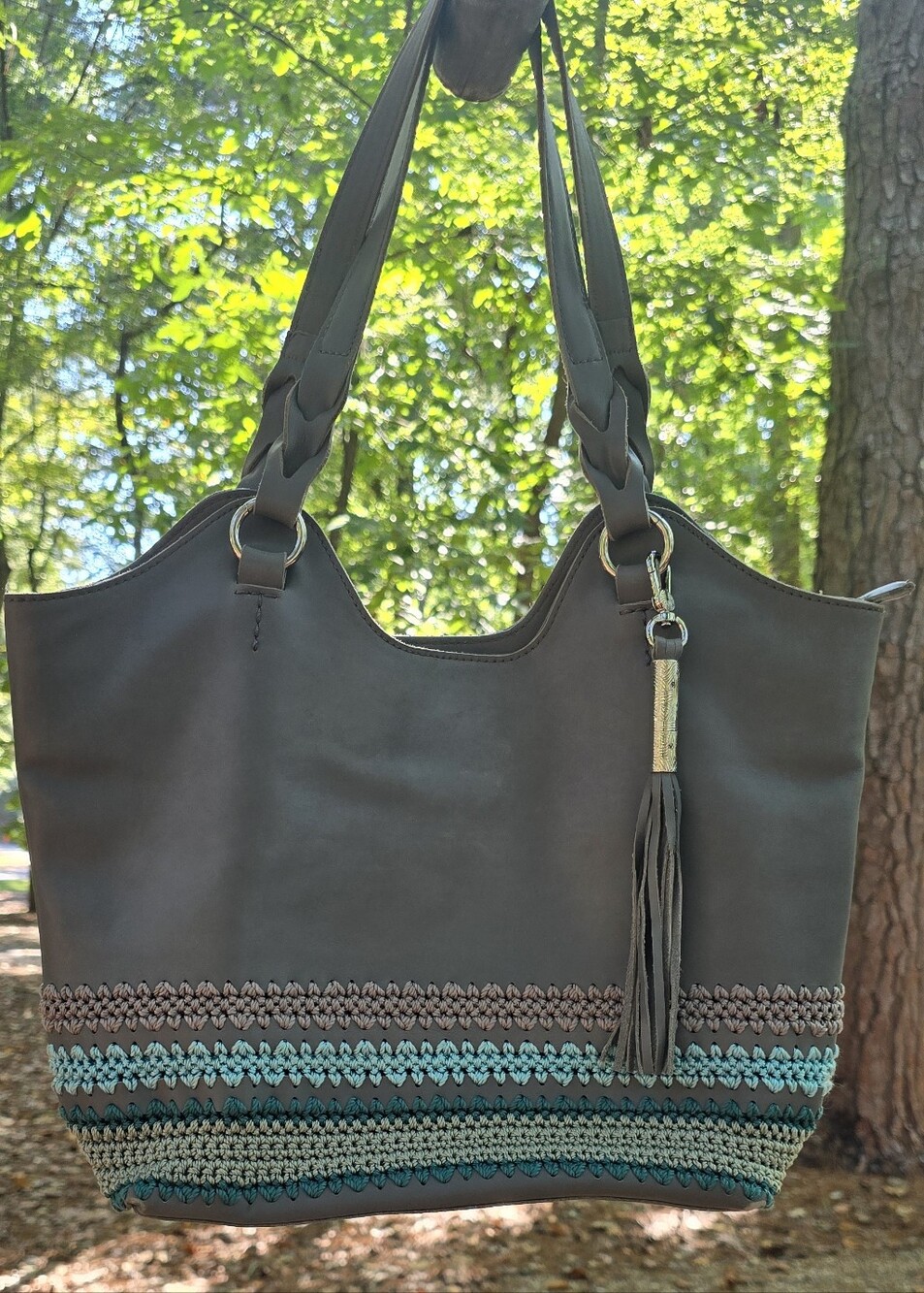 The Sak Back To Bali Hobo Bag Shopper Tote Gray Leather Crochet Likw New